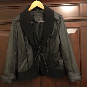 Black leather jacket with black wool trim, medium